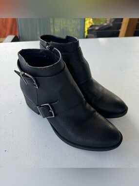 Buckle Black Textured Leather Ankle Boots with Buckle Detail